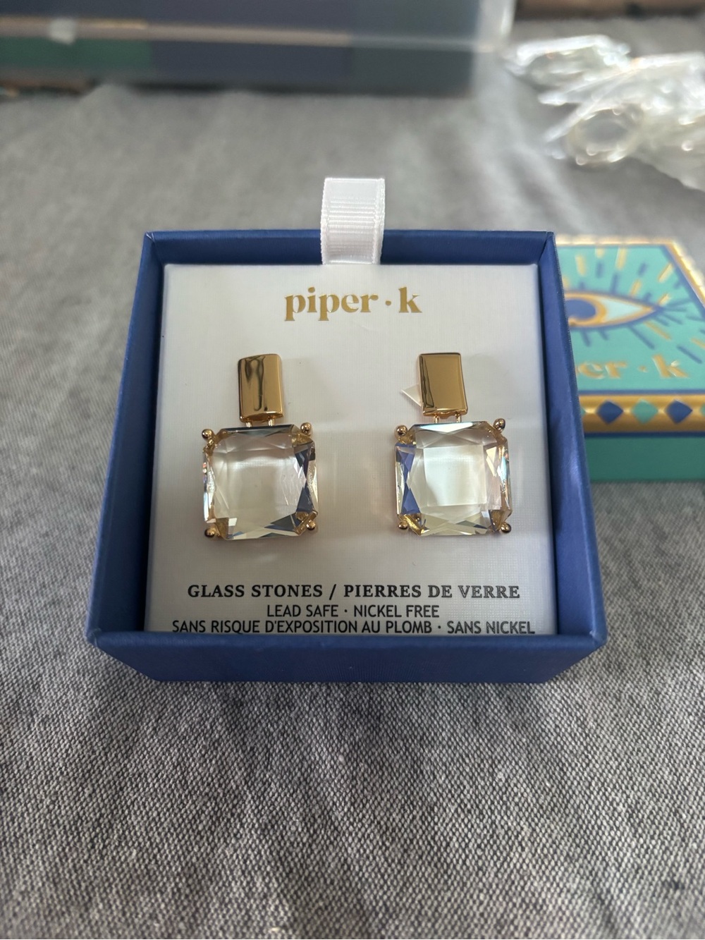 Piper Gold and Clear Square Glass Stone Drop Earrings